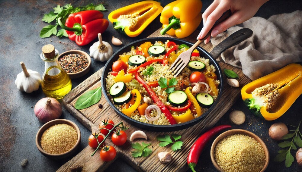 cooking quinoa with bell peppers and squash